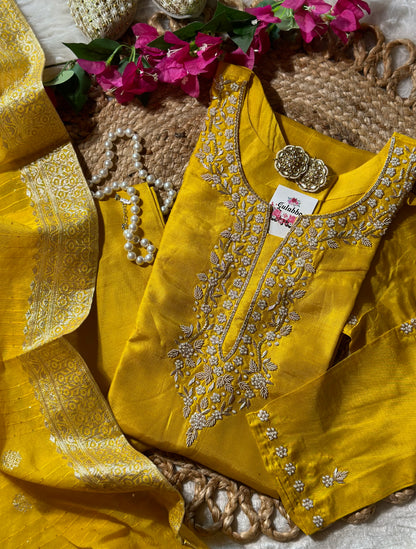 Yellow Dola Silk Kurta Set With Banarasi Dupatta