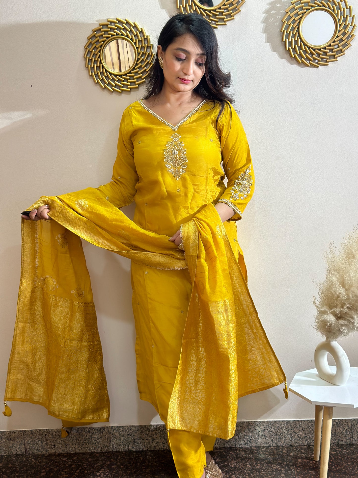 Yellow Heavy Embroidered Yoke & Sleeves Silk Kurta Set