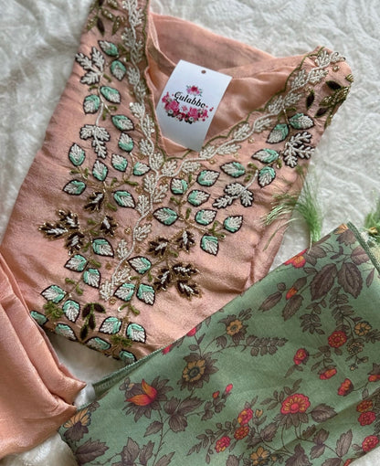 Vibrant floral embroidery with a coordinating floral dupatta.