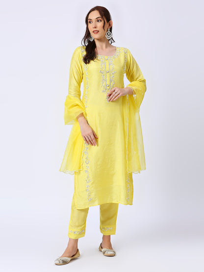 Yellow embroidered silk set