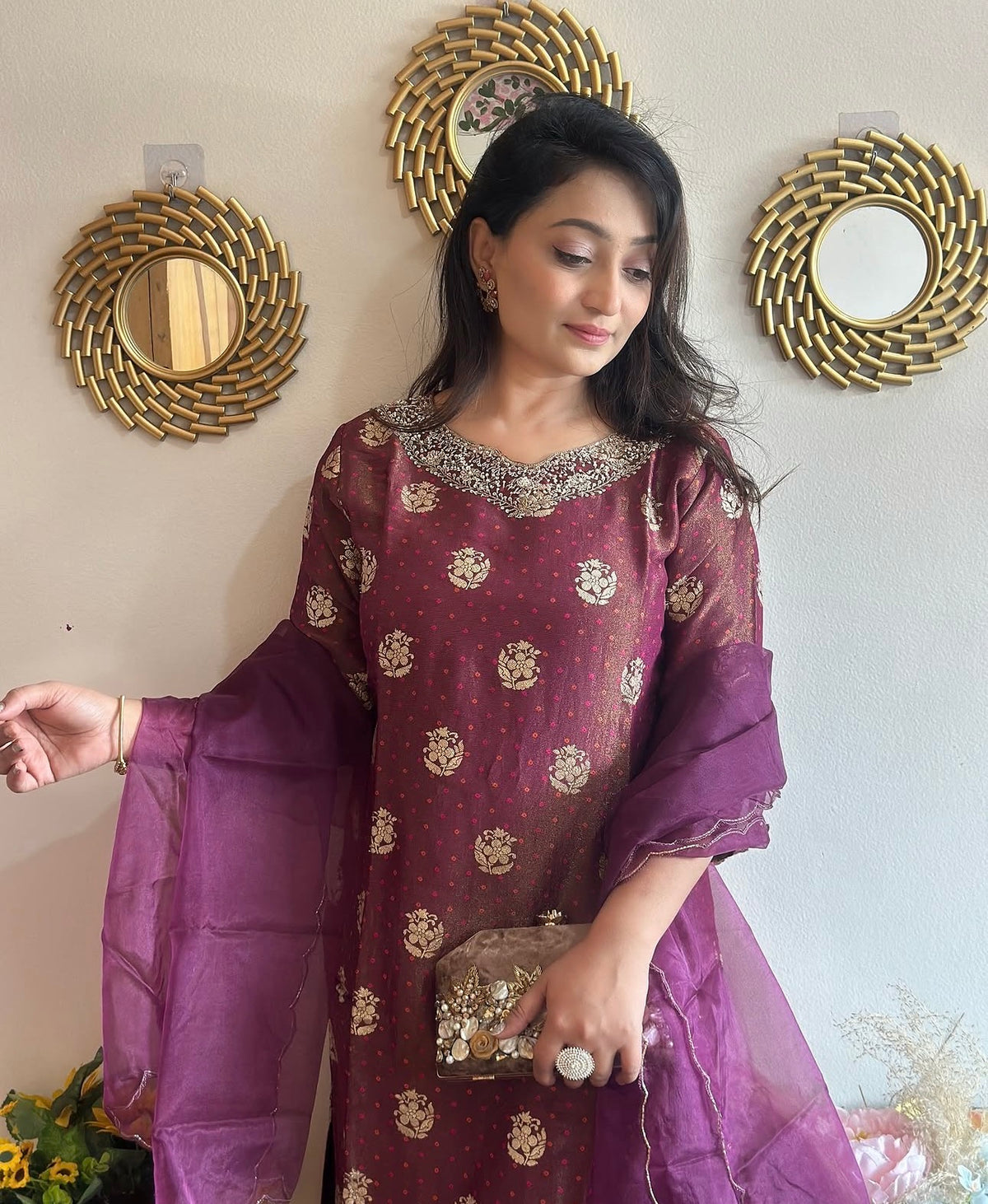 Jacquard Hand Embroidered Tissue Silk Kurta Set With organza Dupatta (wine colour)