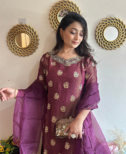 Jacquard Hand Embroidered Tissue Silk Kurta Set With organza Dupatta (wine colour)