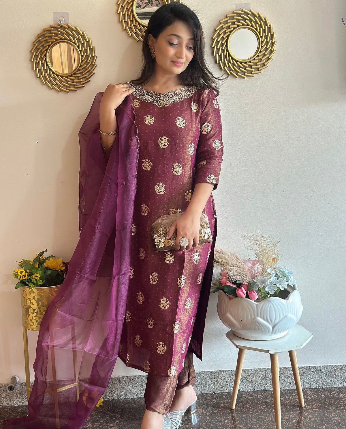 Jacquard Hand Embroidered Tissue Silk Kurta Set With organza Dupatta (wine colour)