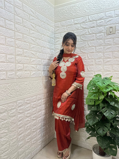 Rust colour festive kurti set with real mirror work