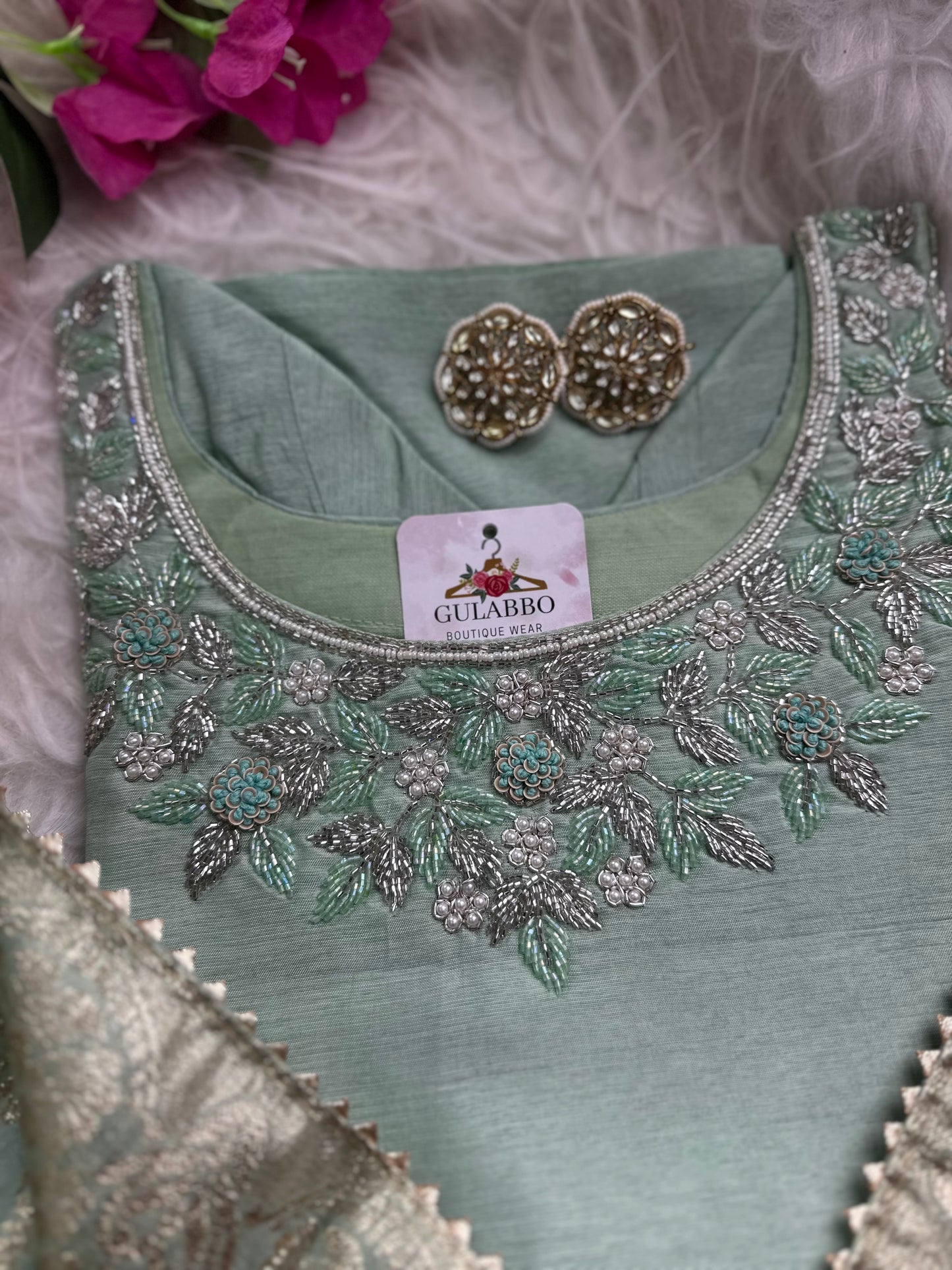 Pista Green Embroidered Silk Set With Banarasi Dupatta