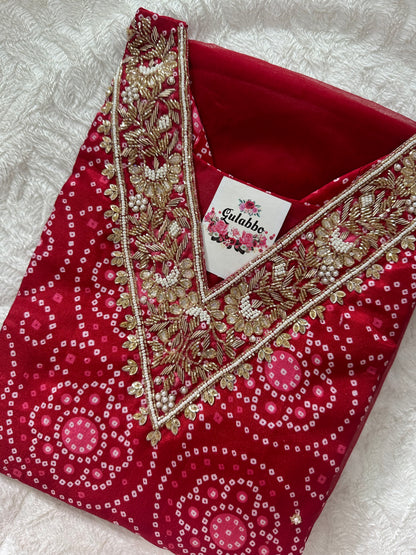 Red Embroidered Dola Silk Bandhej Kurti