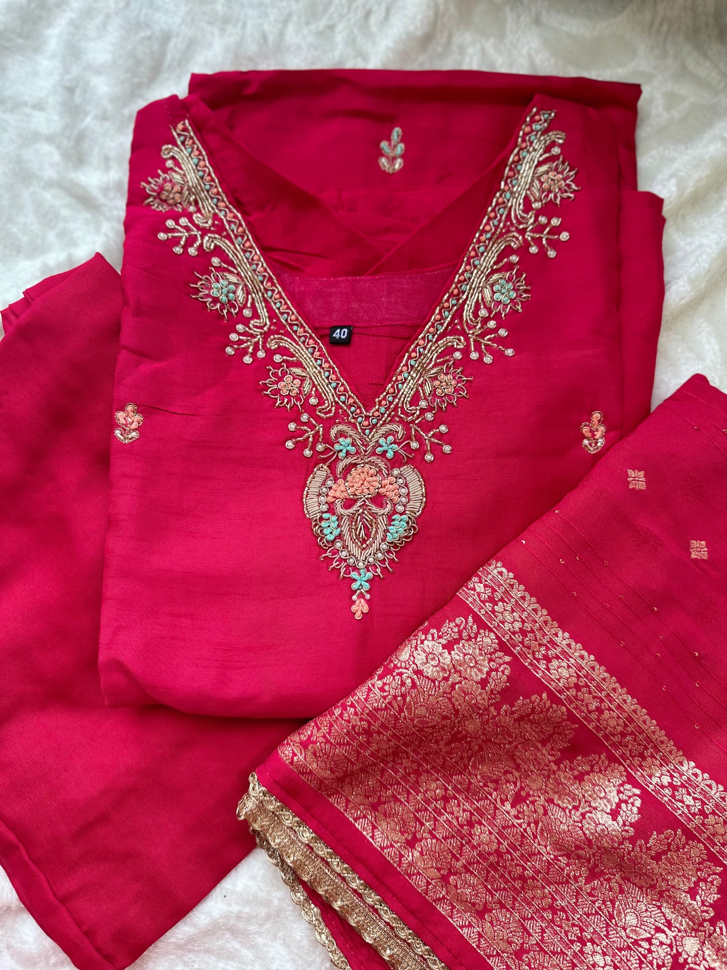 Silk Hand Embroidered Dress with banarasi dupatta