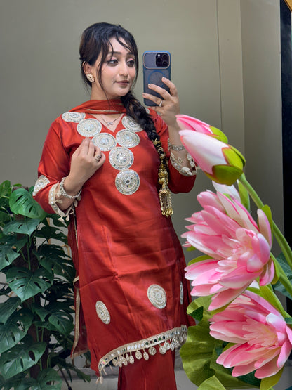 Real Mirror Work Rust Colour Kurta Set