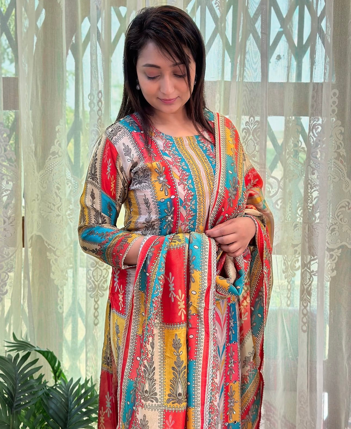 Elegant Pure Muslin Dress Set with Mirror Work