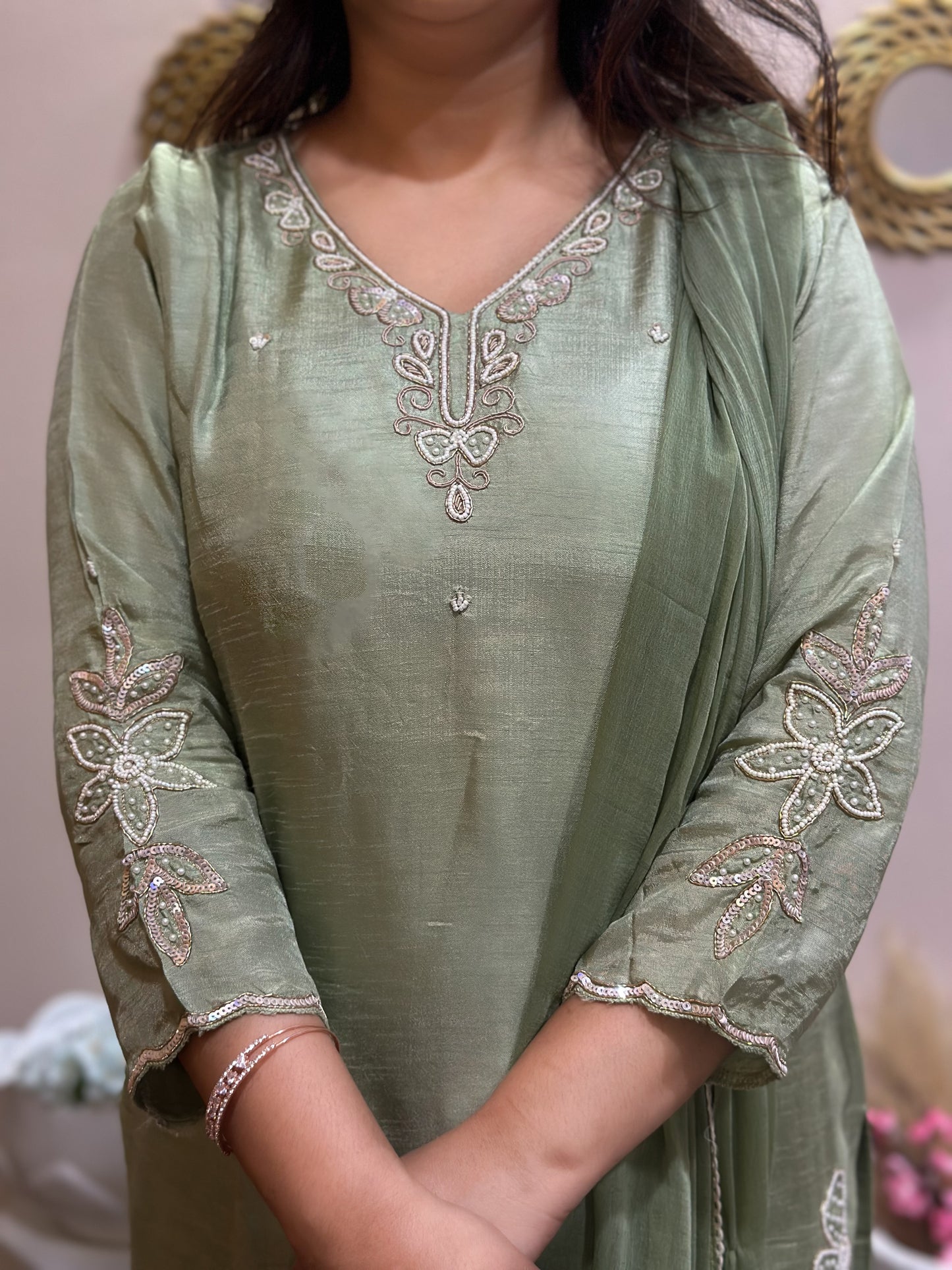 Pista Elegant Moti & Sequin Embroidered Kurta Set