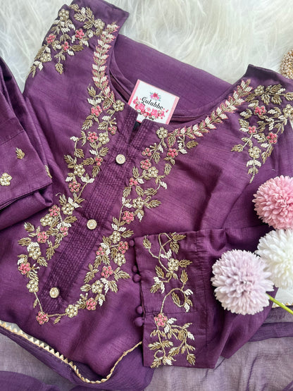 Handwork Purple Embroidered Silk Set