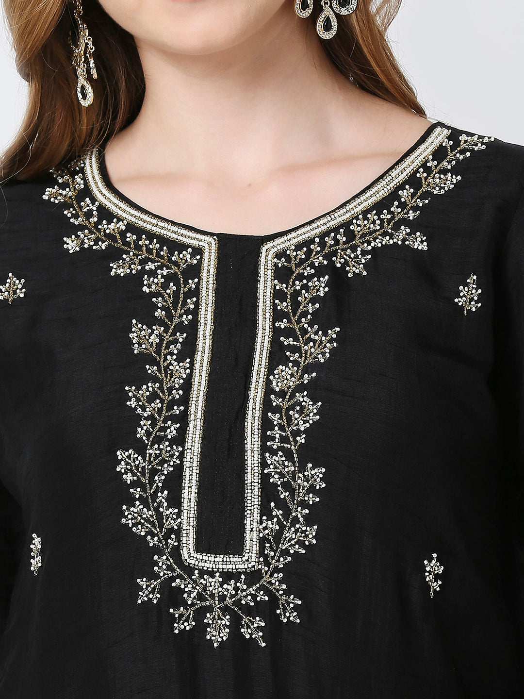 Black Embroidered Kurti With Organza Dupatta