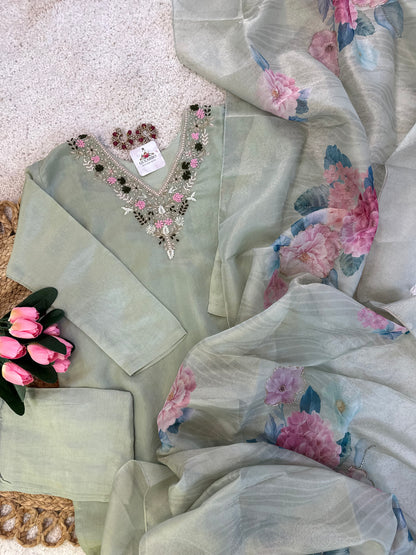 Pure Tissue Silk Embroidered Kurta Set With Floral Embroidered Organza Dupatta