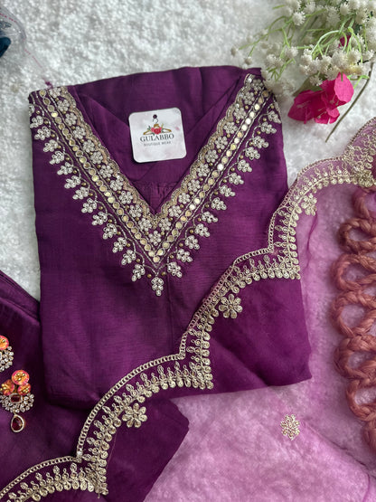 Embroidered Kurta Set With Scalloped Dupatta.