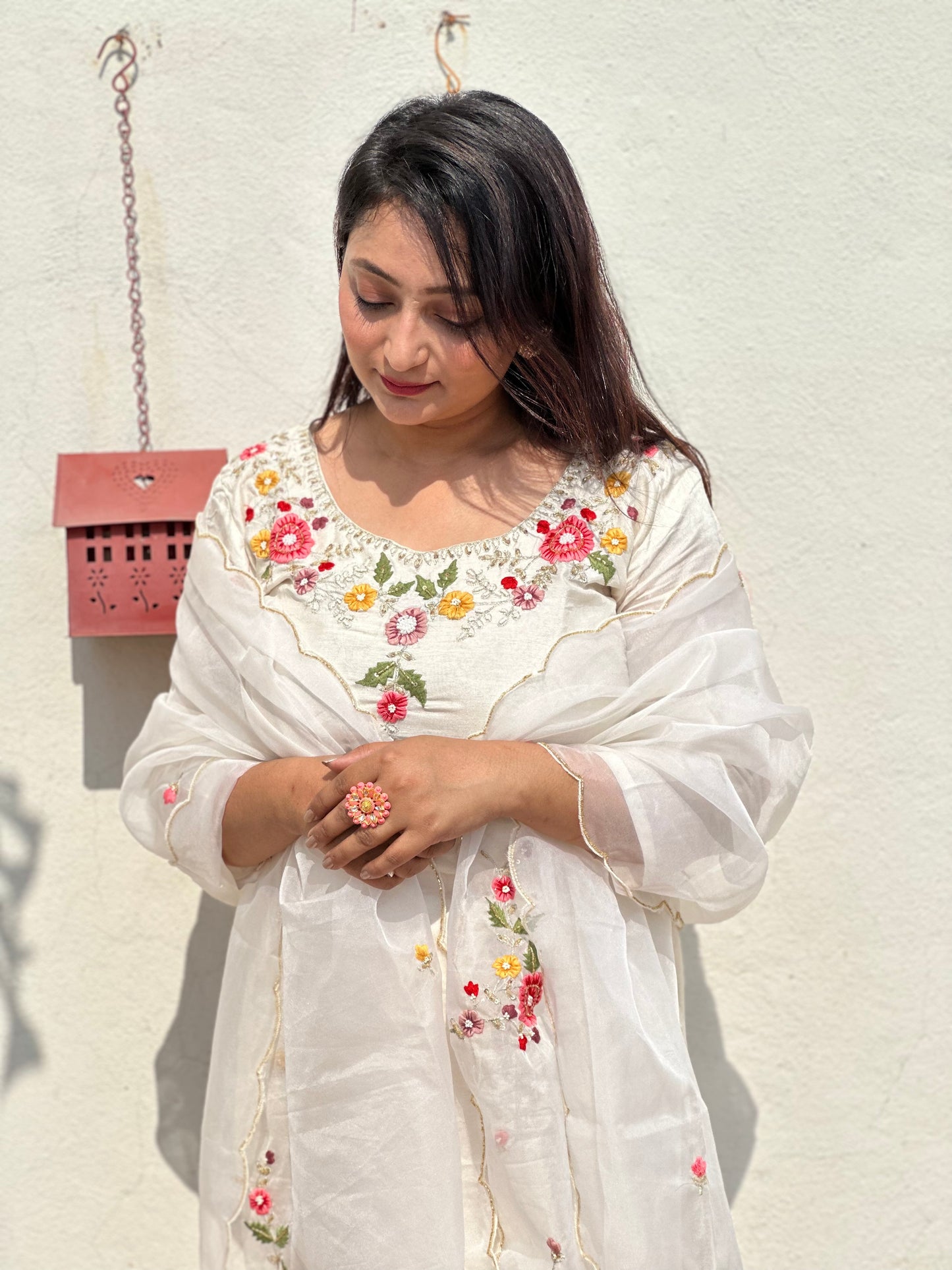 White Hand Embroidered Silk Set