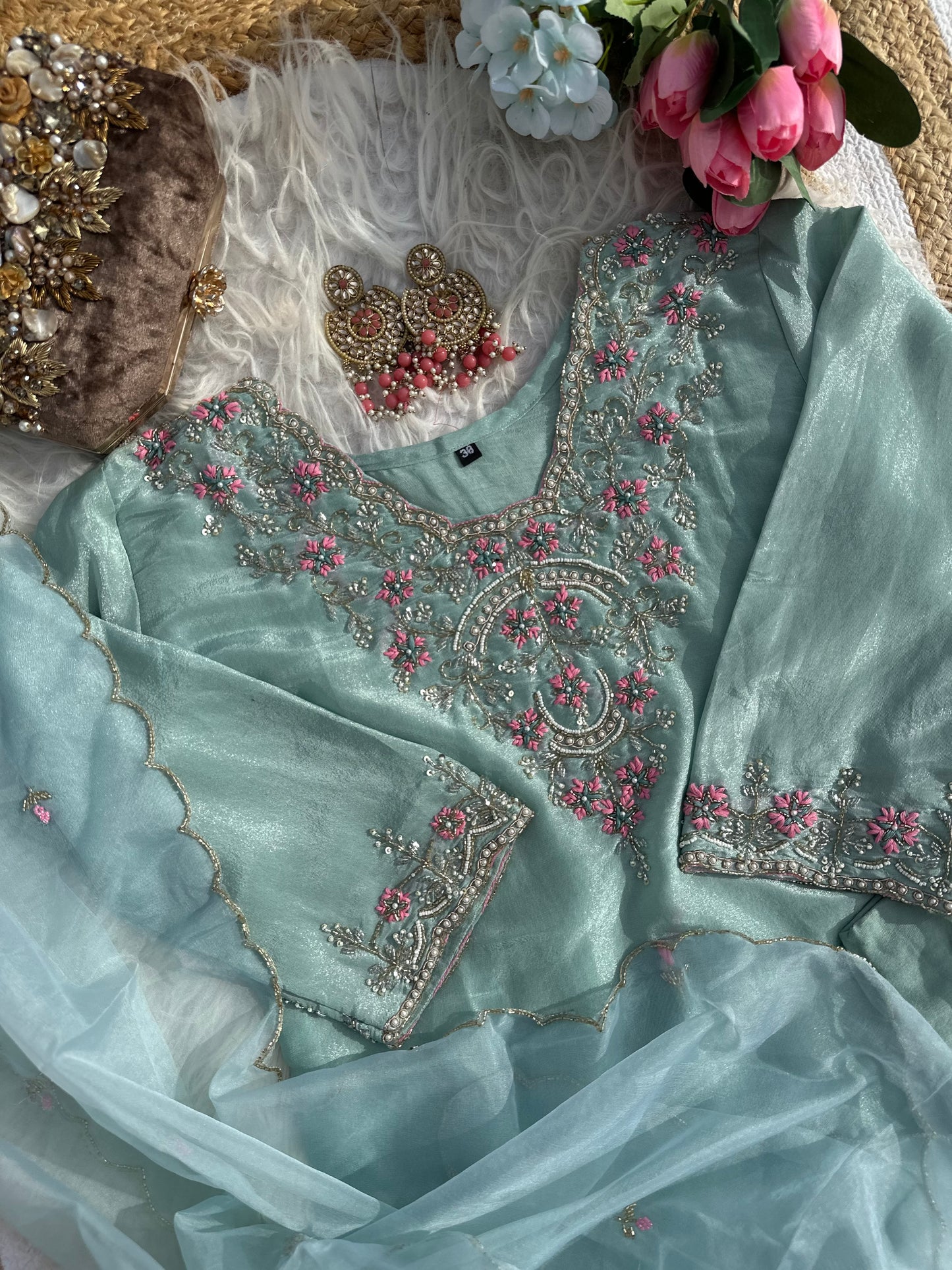 Sea Green Tissue Silk Embroidered Kurta Set