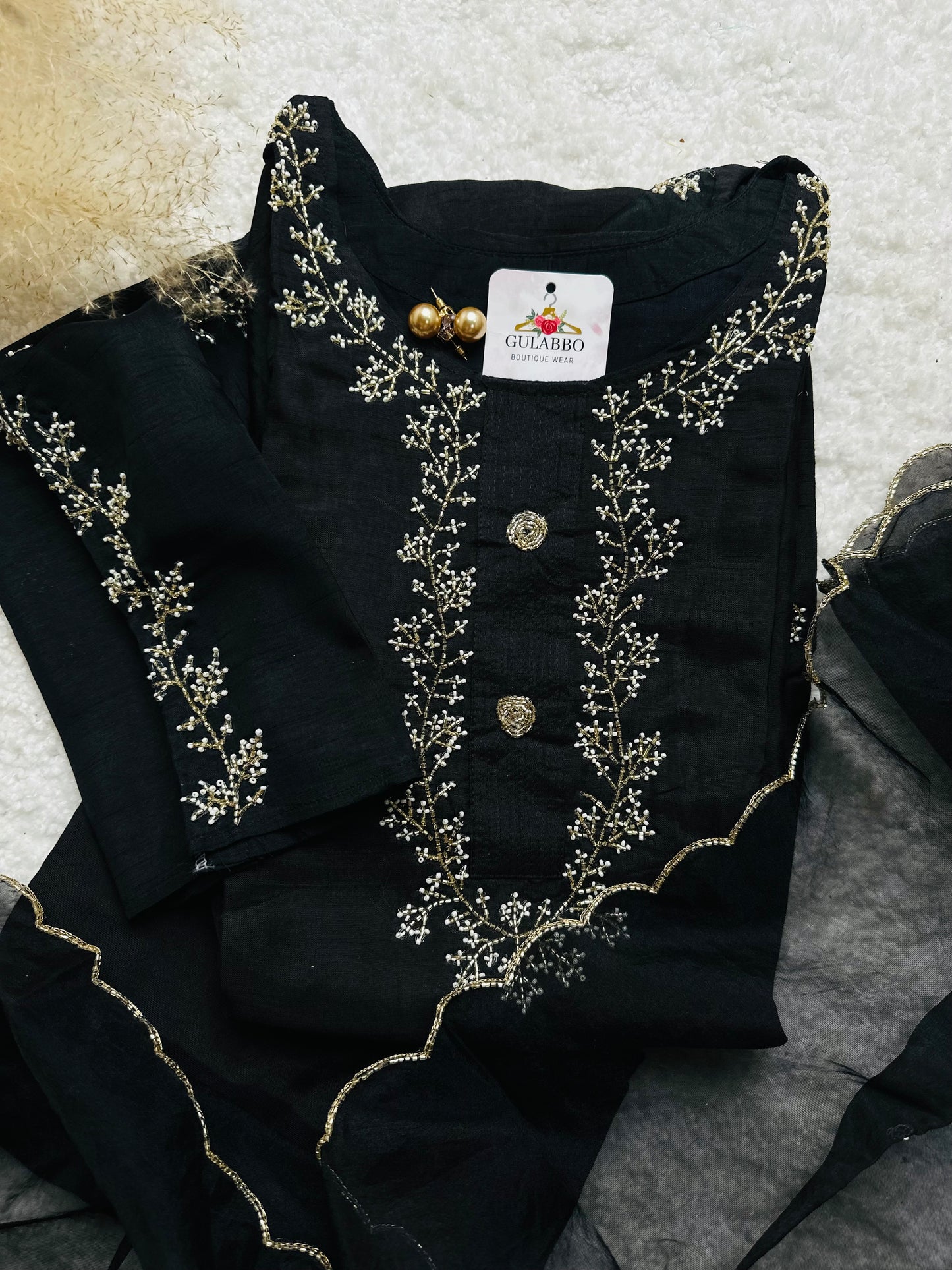 Black Embroidered Kurti With Organza Dupatta