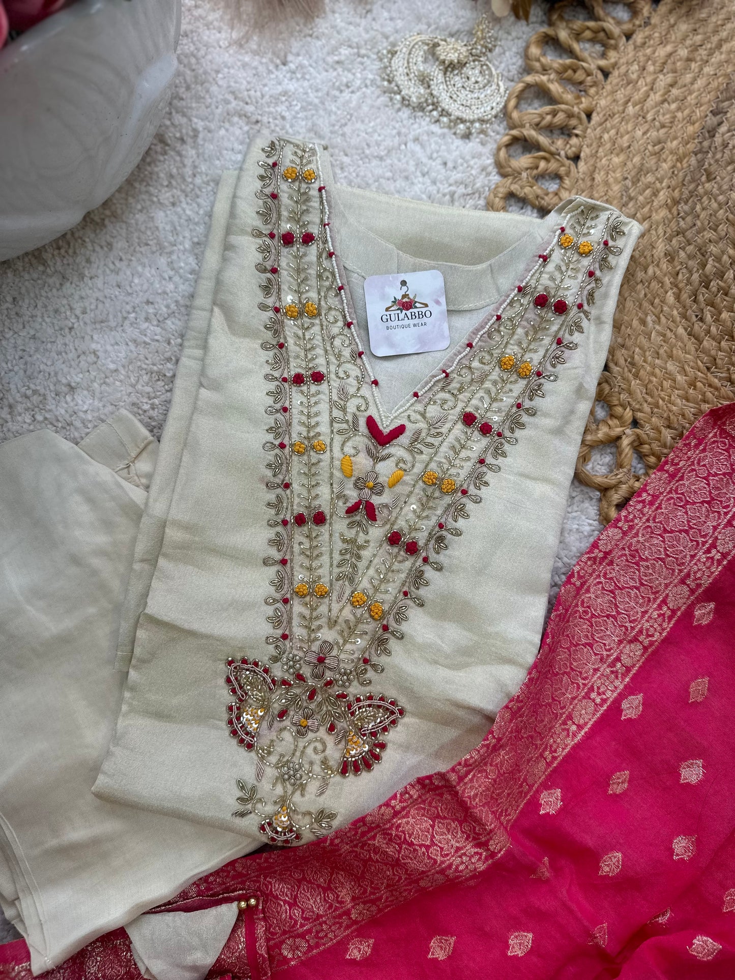 White Tissue Silk Embroidered Kurta Set With Banarasi Dupatta