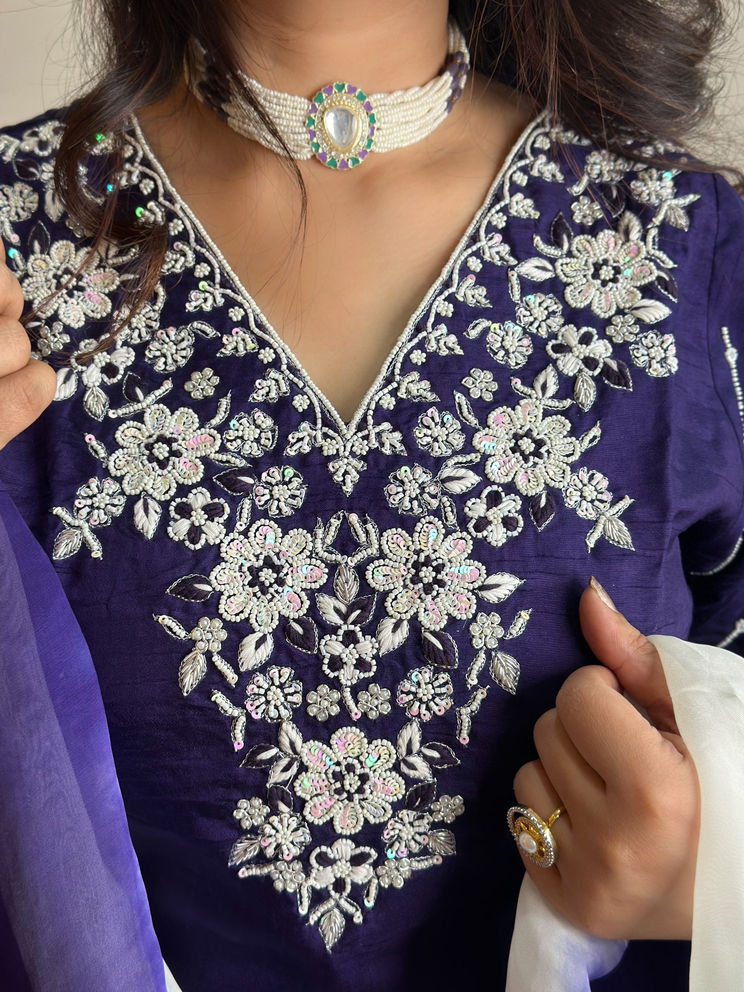 Moti Embroidered Purple Kurta Set