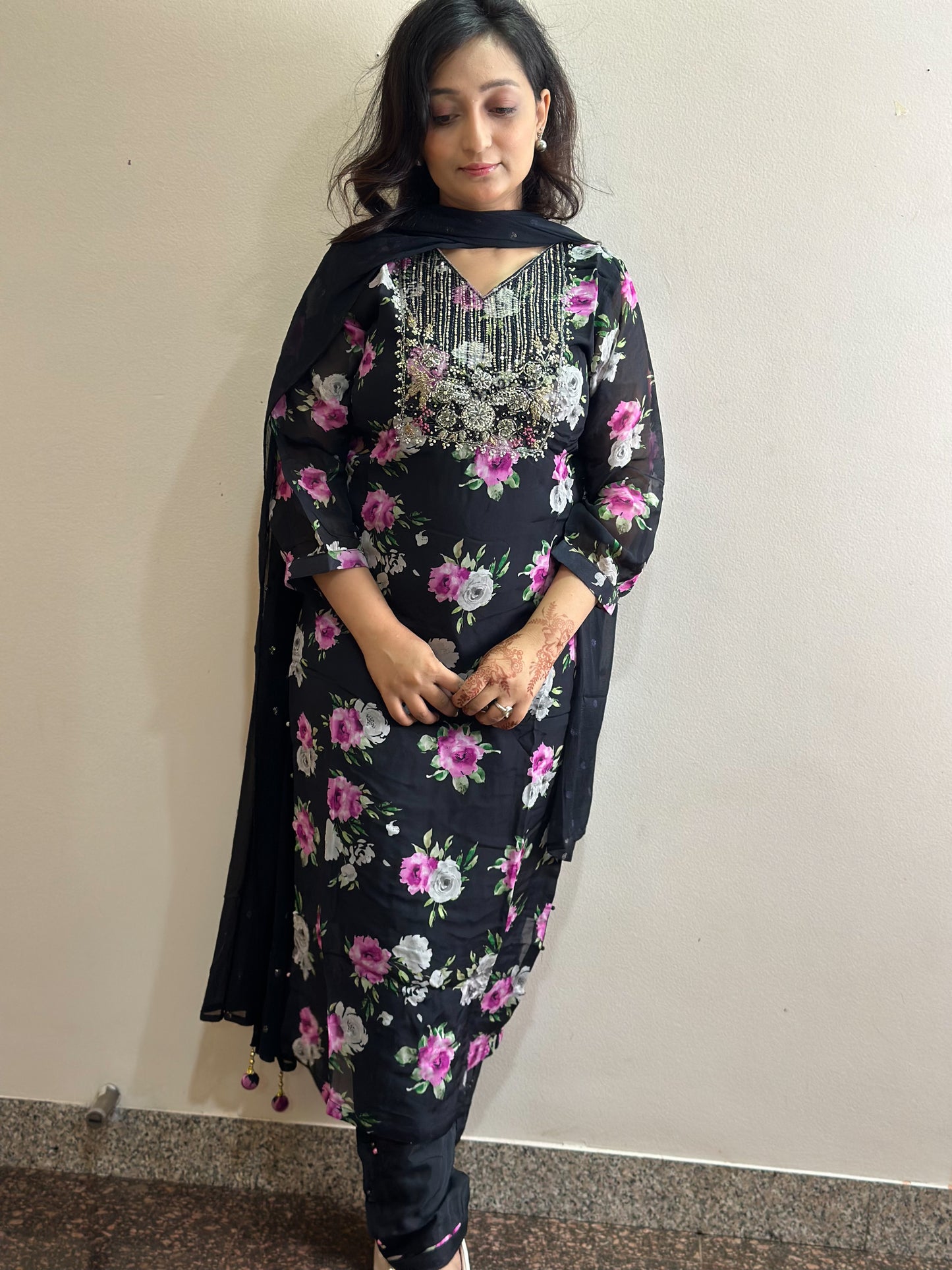 Embroidered Black Muslin Kurti With Pink Flowers