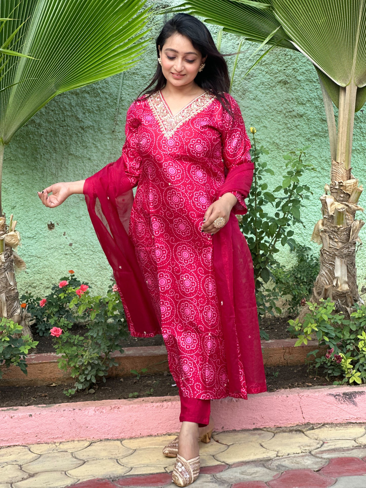 Pink Embroidered Dola Silk Bandhej Kurti