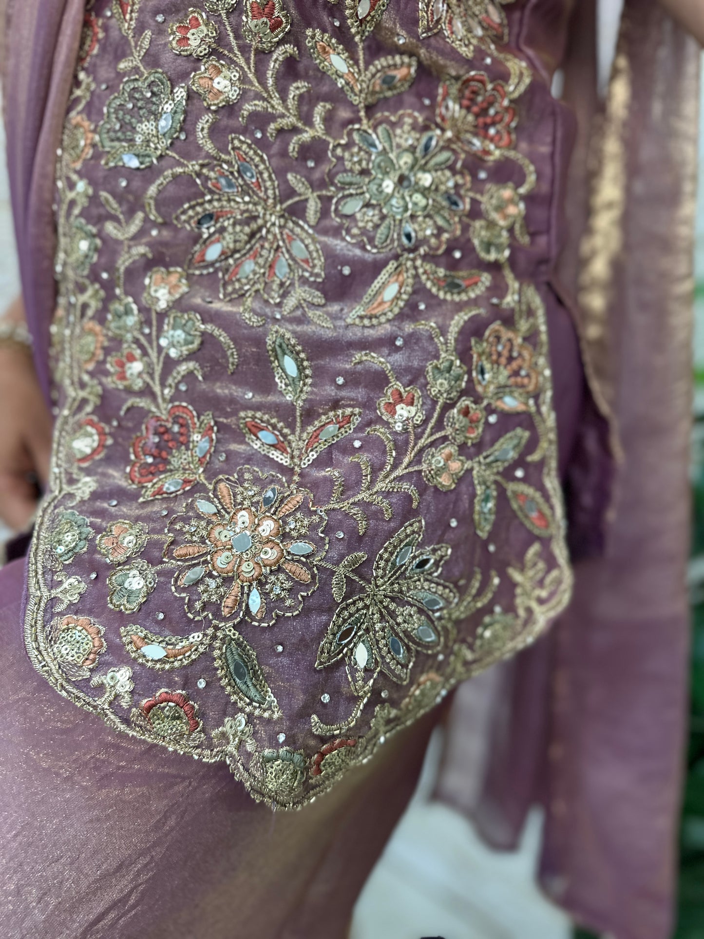 Indo Western- lavender silk embroidered short kurti with flared pants and a matching dupatta