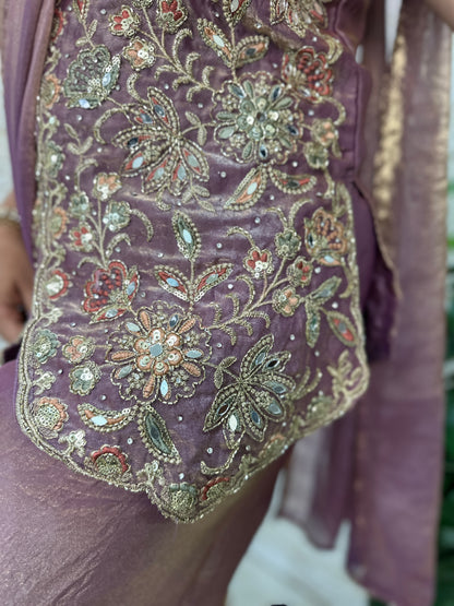 Indo Western- lavender silk embroidered short kurti with flared pants and a matching dupatta