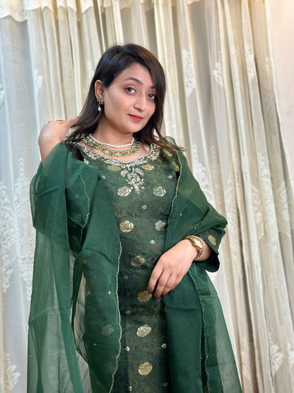 Bottle Green Embroidered Tissue Silk Kurta Set