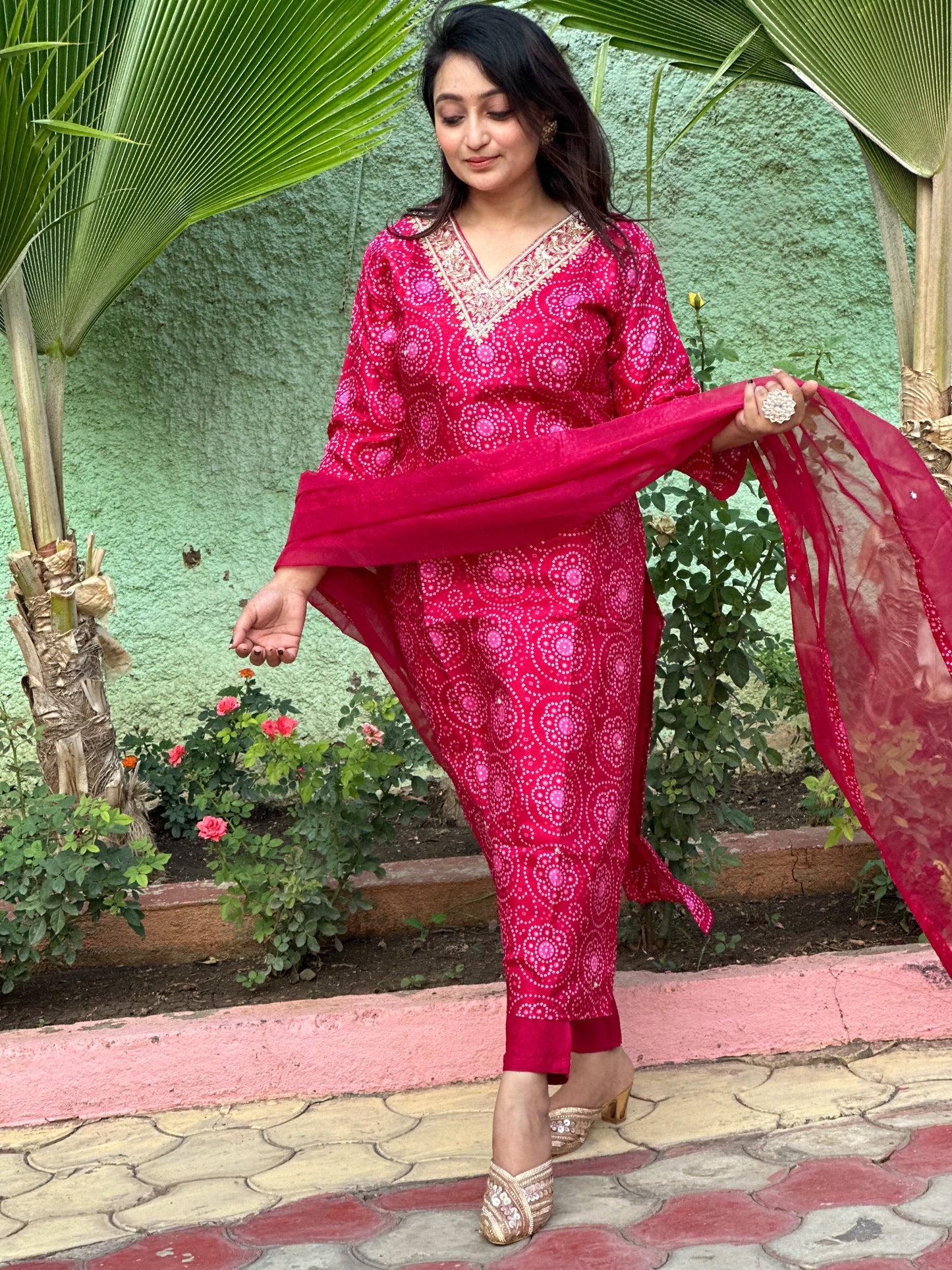 Pink Embroidered Dola Silk Bandhej Kurti