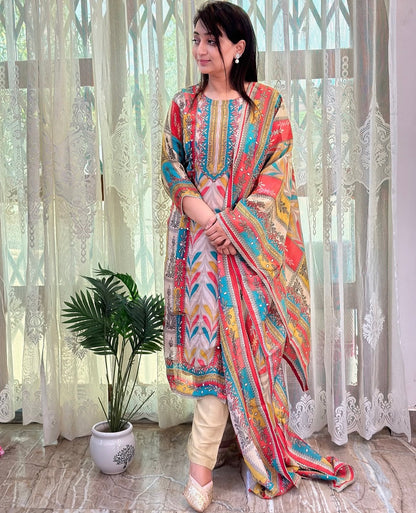 Elegant Pure Muslin Dress Set with Mirror Work