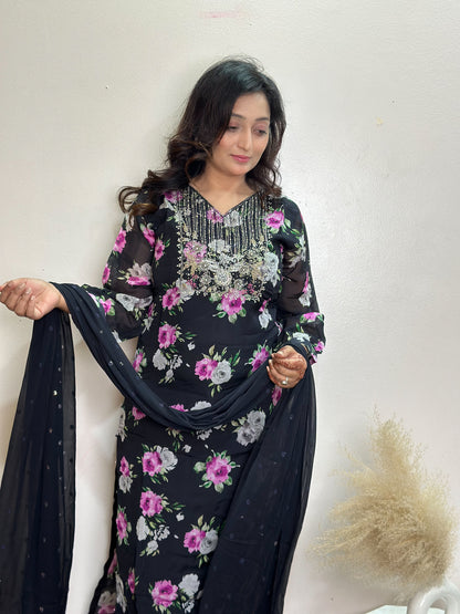 Embroidered Black Muslin Kurti With Pink Flowers