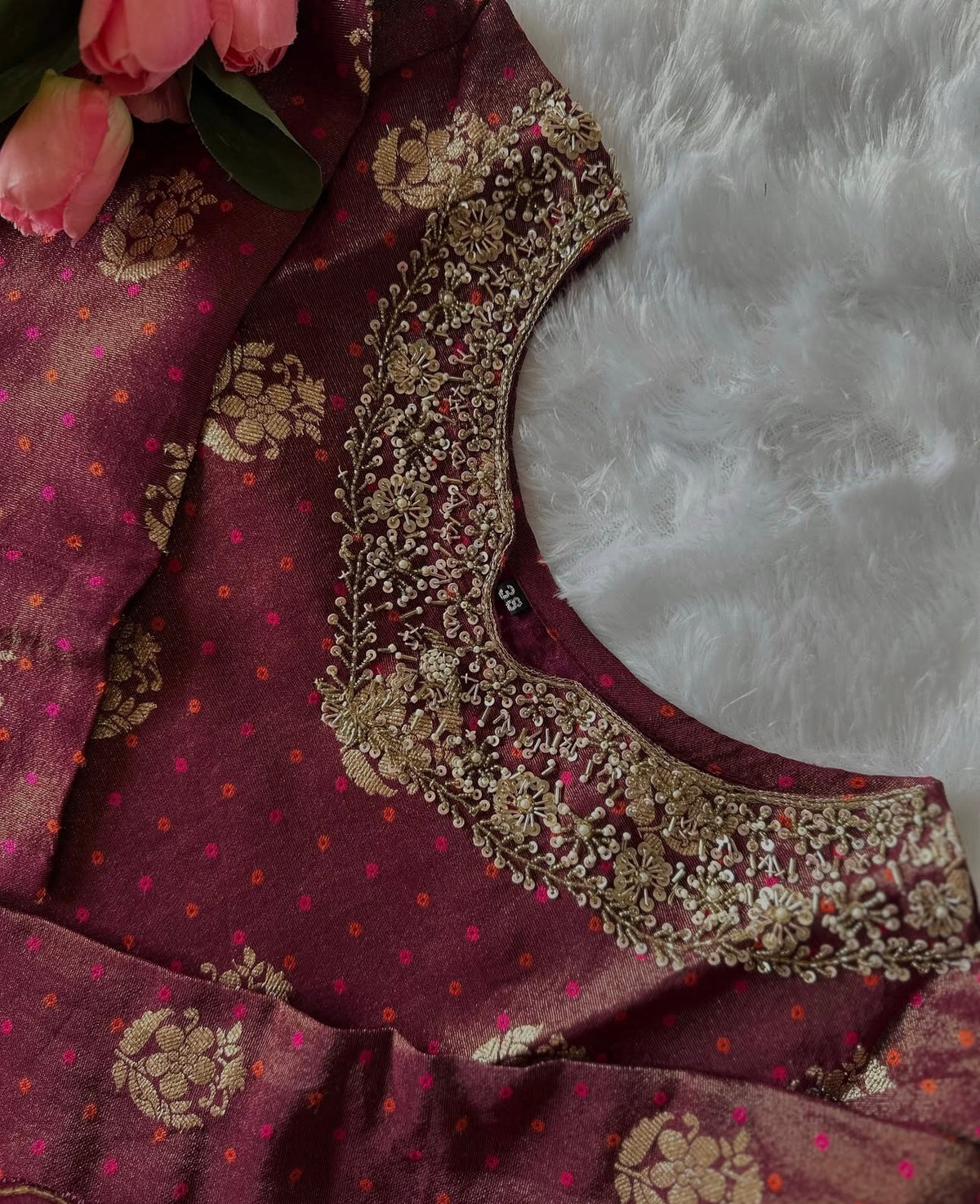 Jacquard Hand Embroidered Tissue Silk Kurta Set With organza Dupatta (wine colour)