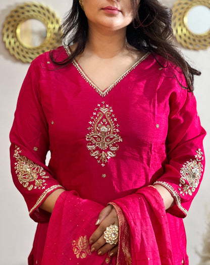 Rani Pink Heavy Embroidered Yoke & Sleeves Silk Kurta Set