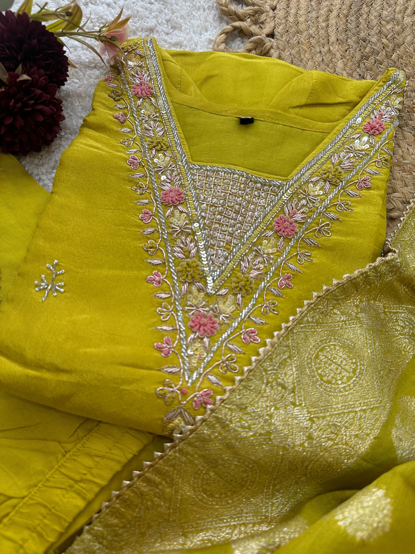 Lime Green Embroidered Kurta Set With Banarasi Dupatta