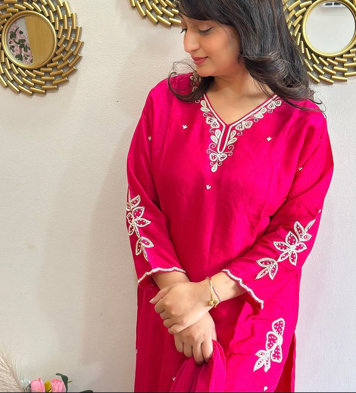 Beautiful Embroidered Rani Dola Silk Kurta Set with Dupatta