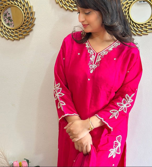 Beautiful Embroidered Rani Dola Silk Kurta Set with Dupatta