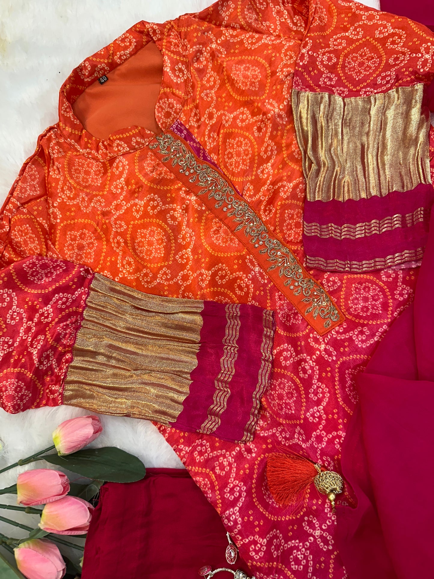 Beautiful Embroidered Gaji Silk Bandhani Dual-Color Ombré Kurta Set