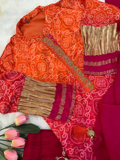 Beautiful Embroidered Gaji Silk Bandhani Dual-Color Ombré Kurta Set