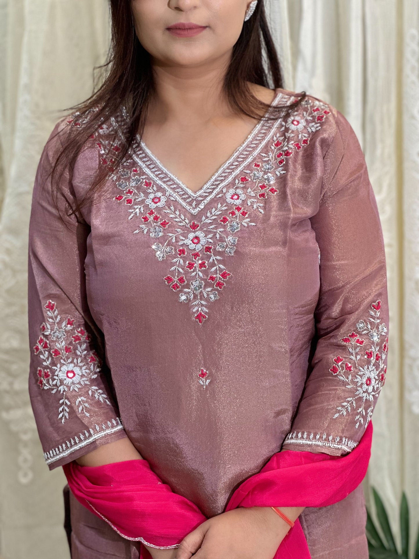 Embroidered Tissue Silk Kurta Set