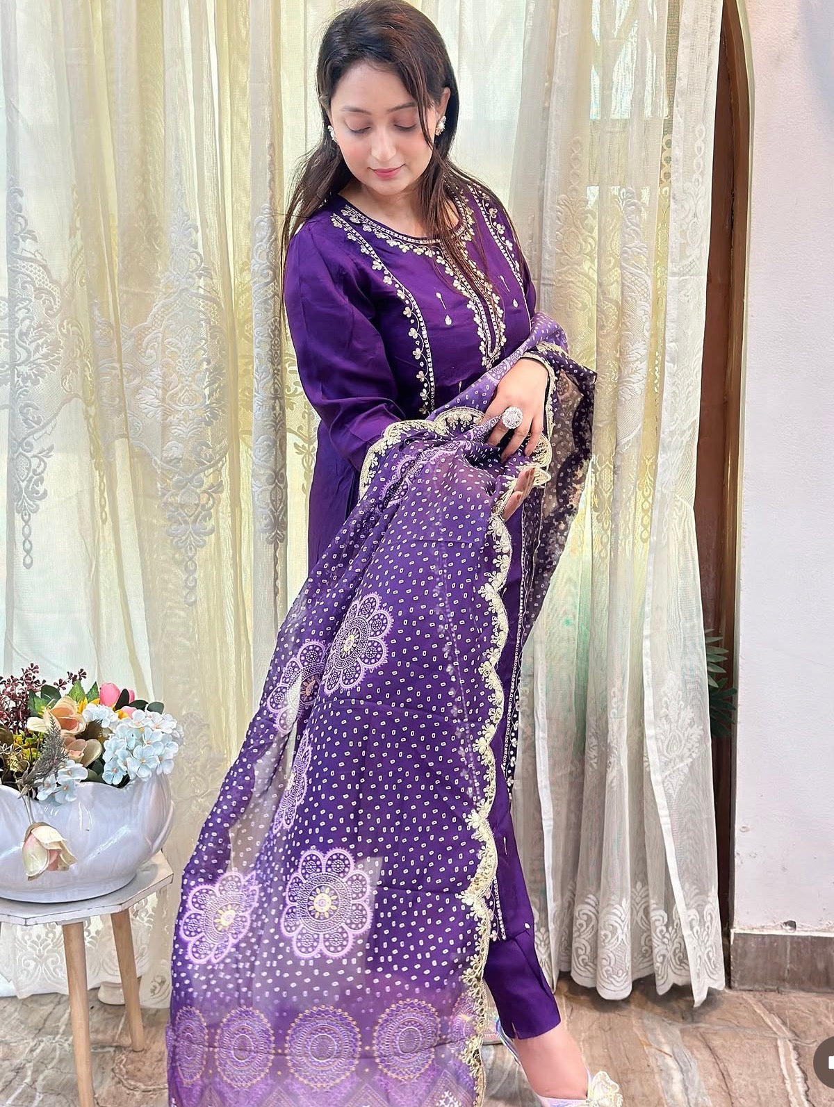 Gota Patti embroidered kurta set in vibrant purple with scalloped Dupatta 