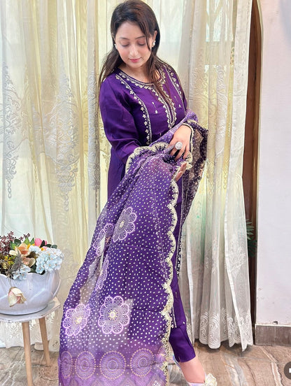 Gota Patti embroidered kurta set in vibrant purple with scalloped Dupatta 