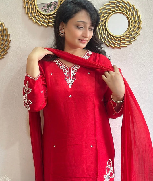 Beautiful Embroidered Red Dola Silk Kurta Set with Dupatta