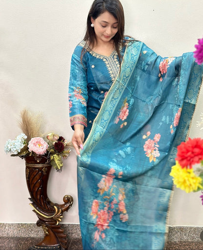Classy Floral Organza Blue Kurta Set