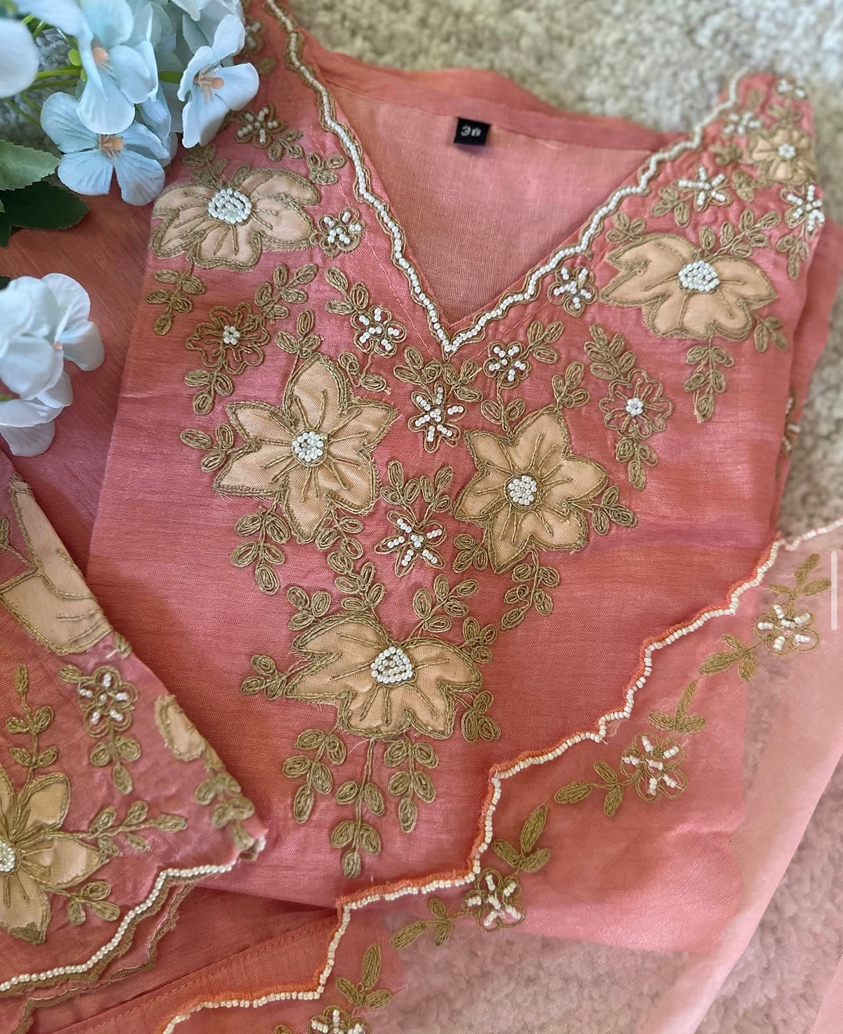 Peachy Pink Beautiful Dola silk kurta, adorned with elegant ribbon embroidery