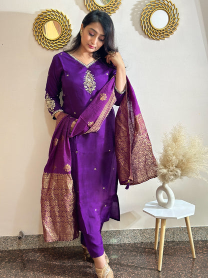 Purple Heavy Embroidered Yoke & Sleeves Silk Kurta Set