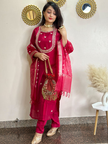 Festive Red Embroidered Silk Set