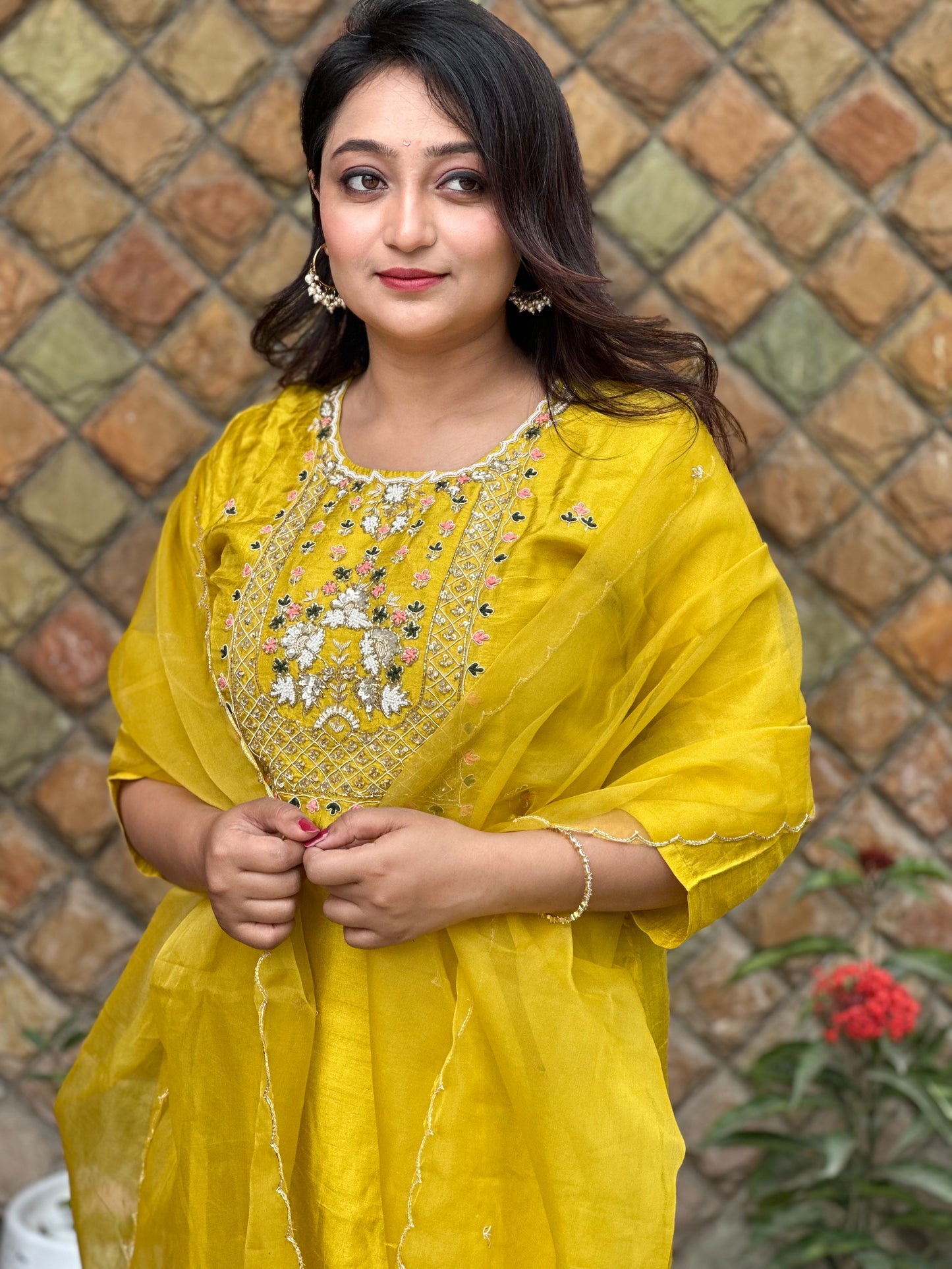 Yellow Silk Hand Embroidered Pink Dress