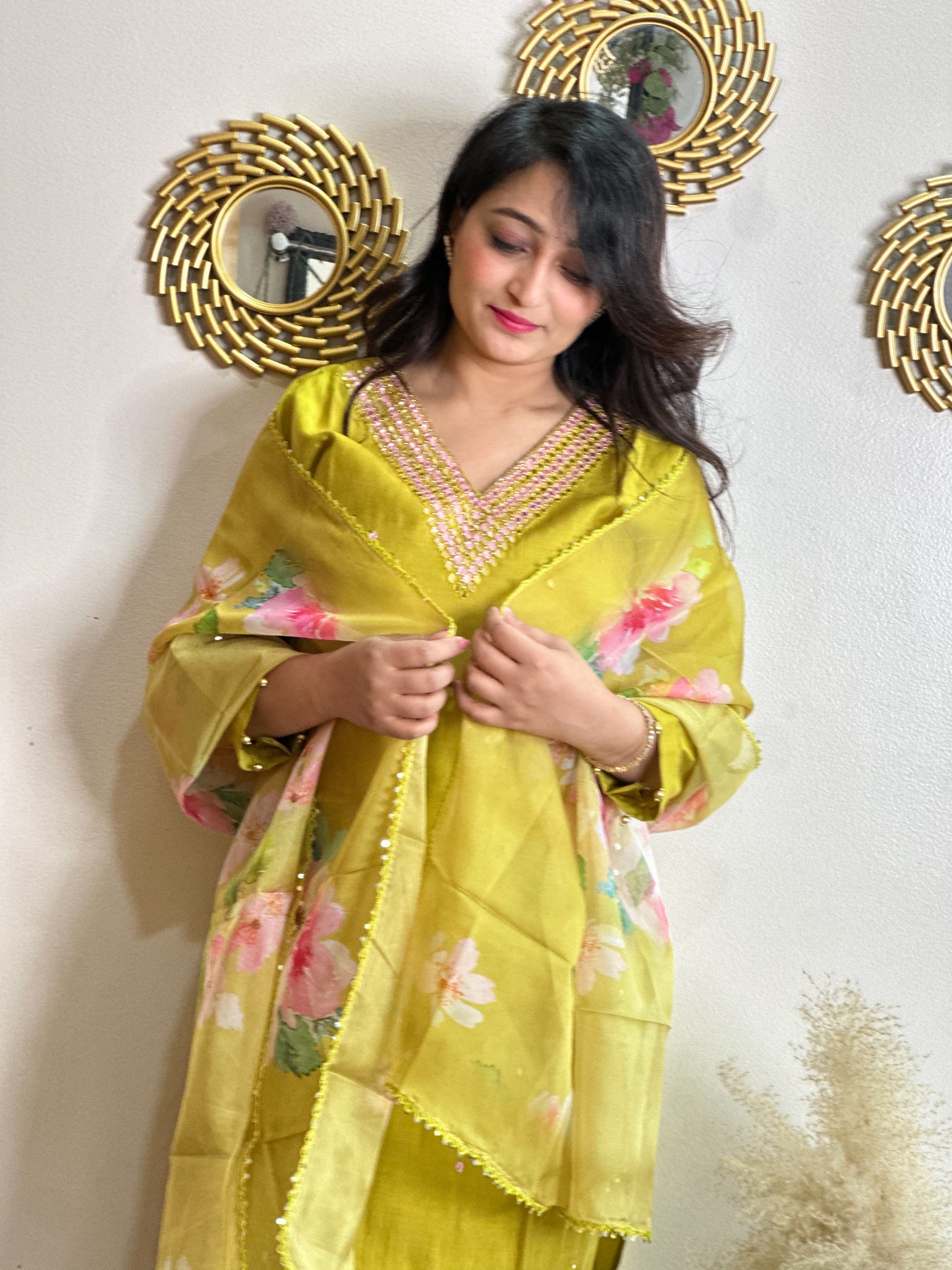 Silk Kurta Set with Floral Organza Dupatta