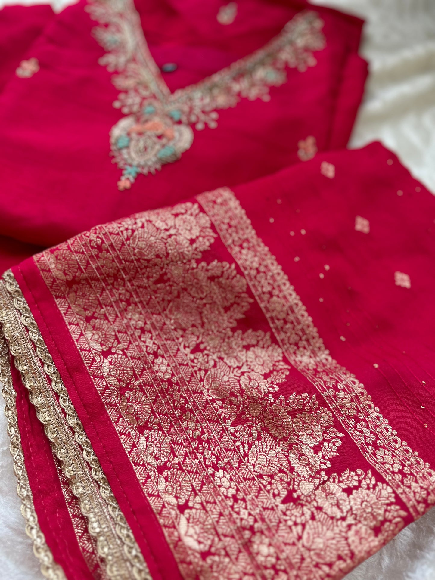 Silk Hand Embroidered Dress with banarasi dupatta