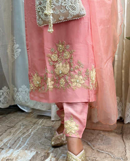 Peachy Pink Beautiful Dola silk kurta, adorned with elegant ribbon embroidery